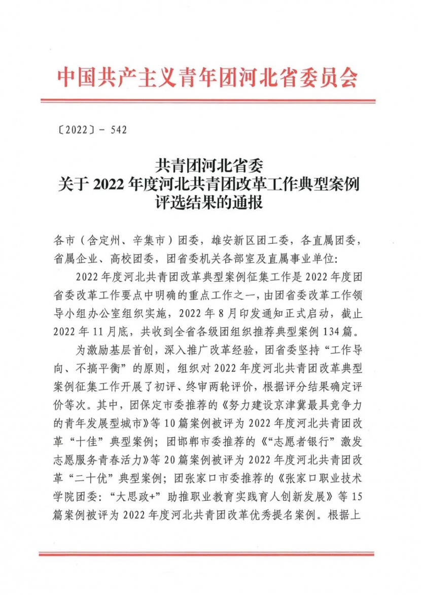 喜报 | 开元官网2篇案例获评2022年度河北共青团改革优秀提名案例